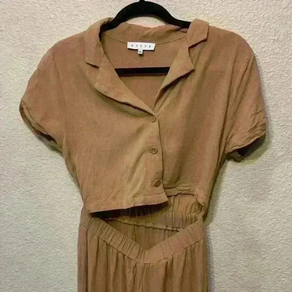 Tan Hyfve linen blend jumpsuit sz M basic closet staple linen vacation beach - Picture 2 of 9